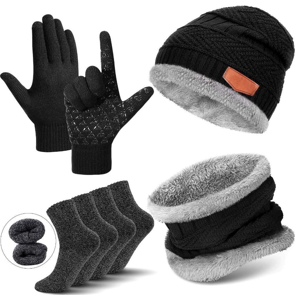 Fleece Lined Beanie Scarf Gloves Set Winter Warm Unisex Touchscreen Ready